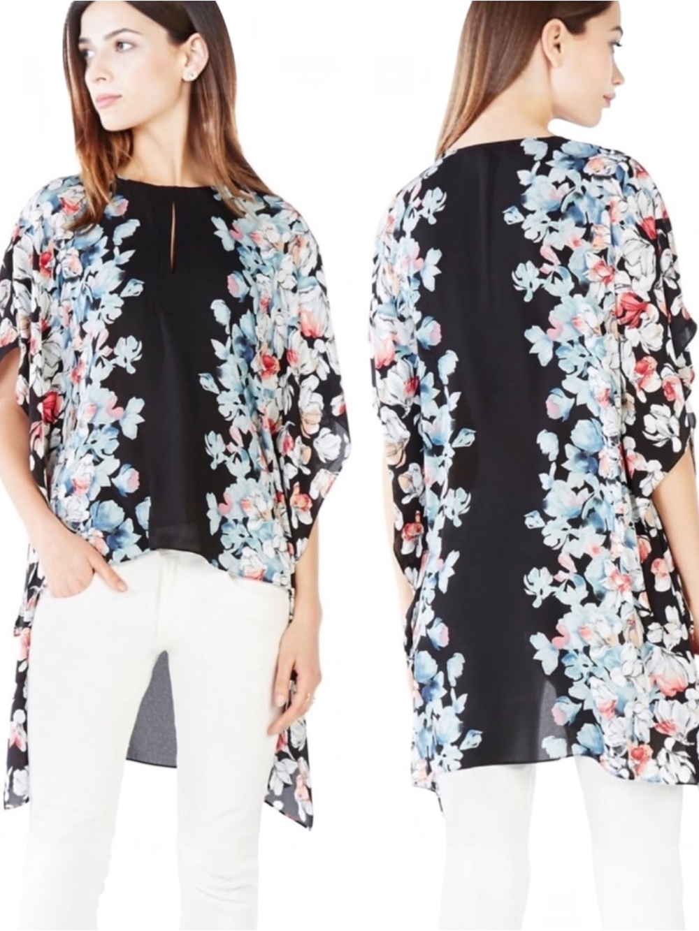 BCBGMAXAZRIA Floral Kaftan High Low Black Blue Floral Size S